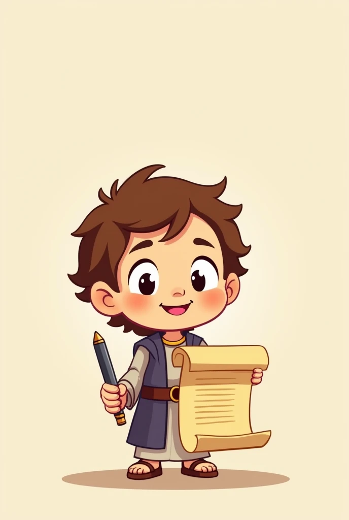 St. John the Apostle, simple cartoon in child mode, In his hand he holds a scroll and a pen