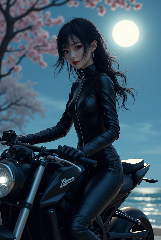 a Japanese girl, wearing black leather motorcycle clothes, sitting on a sports bike, stopped near the beach on a moonlit night, fullmoon, with cherry trees near the road