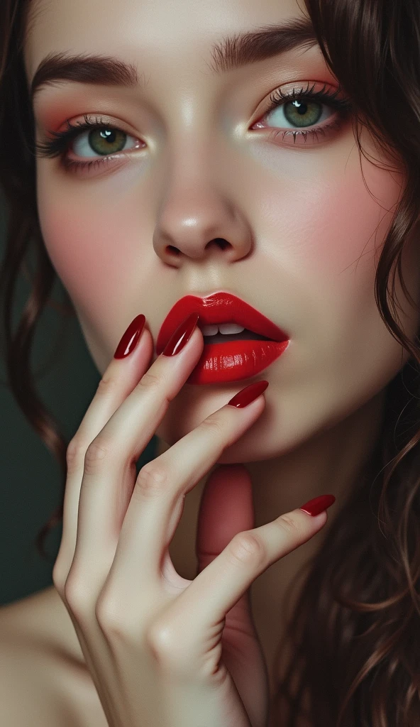 ((best quality)), ((masterpiece)), (detailed), perfect face, covering lips with perfect fingers, and red nails