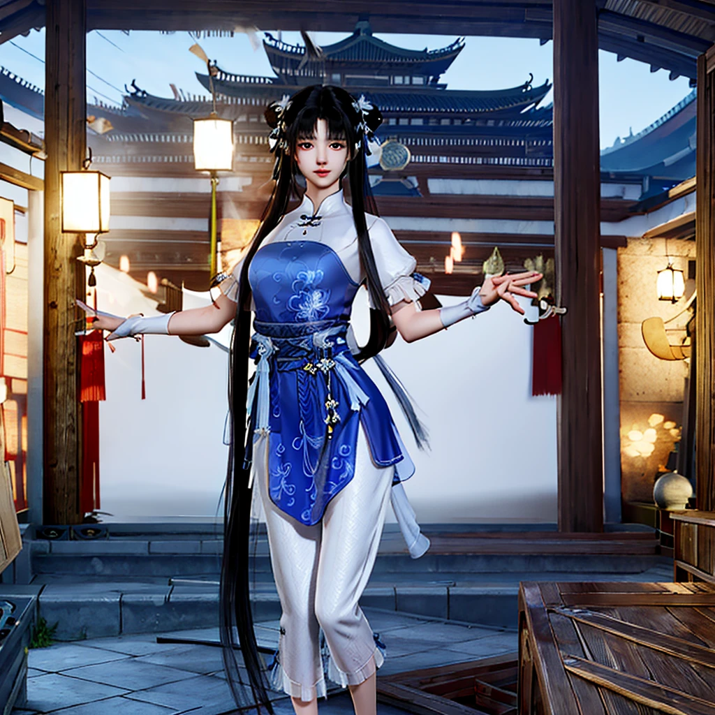 (Otherworldly, Otherworldly atmosphere, Otherworldly appearance), Extremely detailed, masterpiece, Top quality, best quality, high resolution, 4K, 8K, RAW photos, Long hair，
girl, Zhao Linger, Blue and white dress, black hair，Looking at the audience, Chinese_style_attic, spring, 
Smile at the audience，Show your thighs，Exposing breasts。