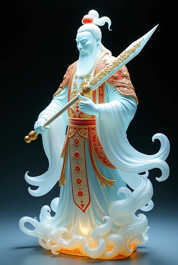 A very delicate full-body image of the God Guan Yu. Holding a halberd in his left hand. Made of glass, translucent, decorated with small gold and red colors. Beautiful and exquisite details, shimmering light. The best quality glass art.