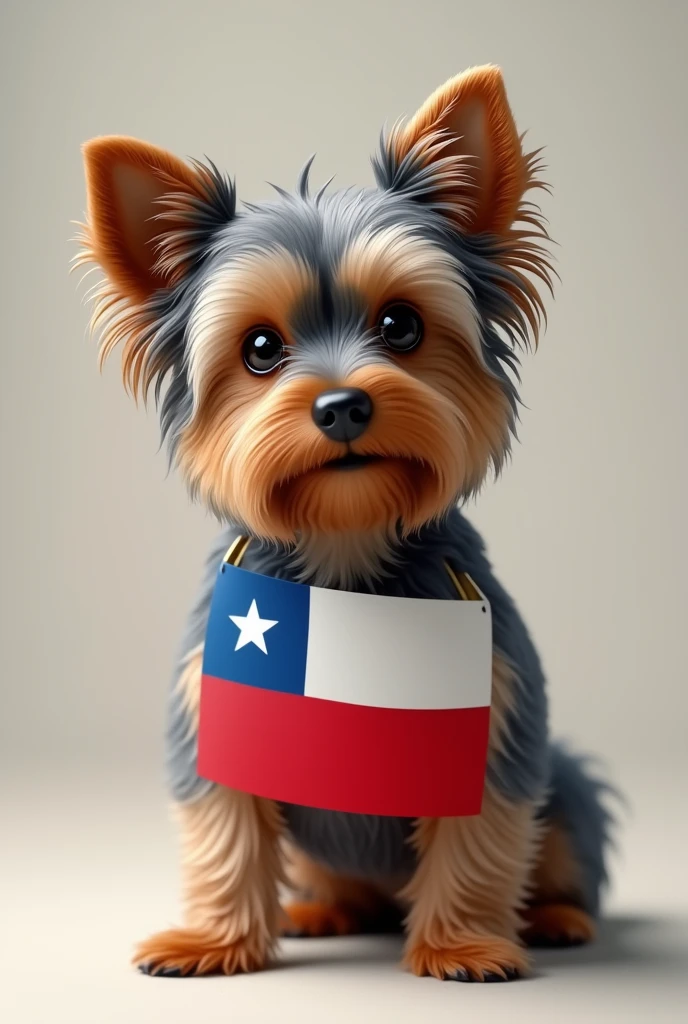 A Yorkshire Terrier with a small Chilean flag