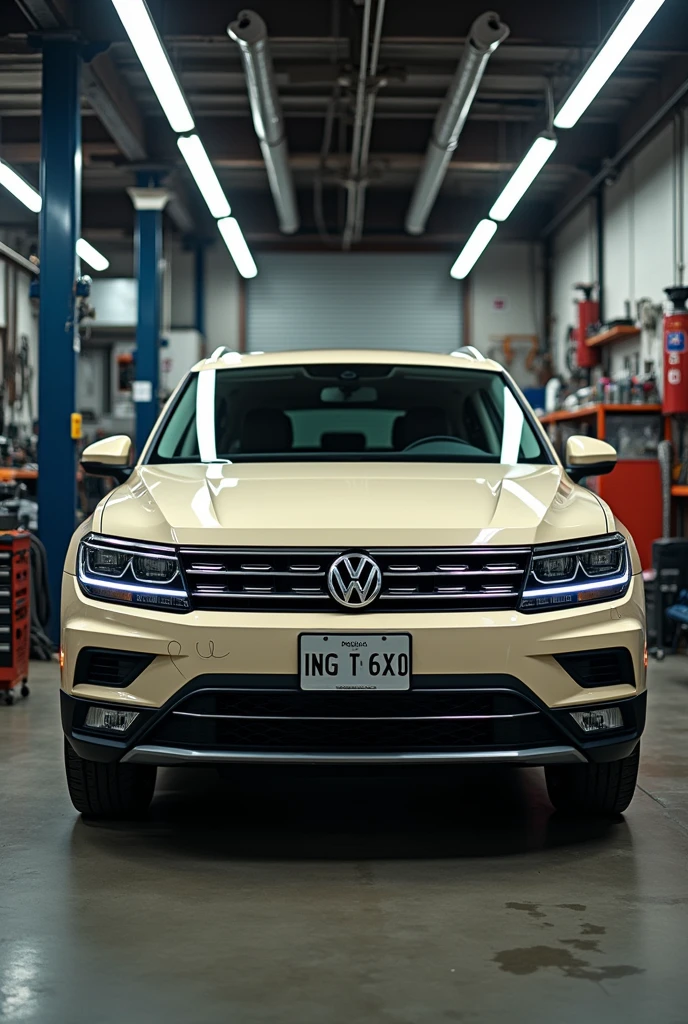 Sand-colored 2015 Tiguan car in a mechanic's workshop