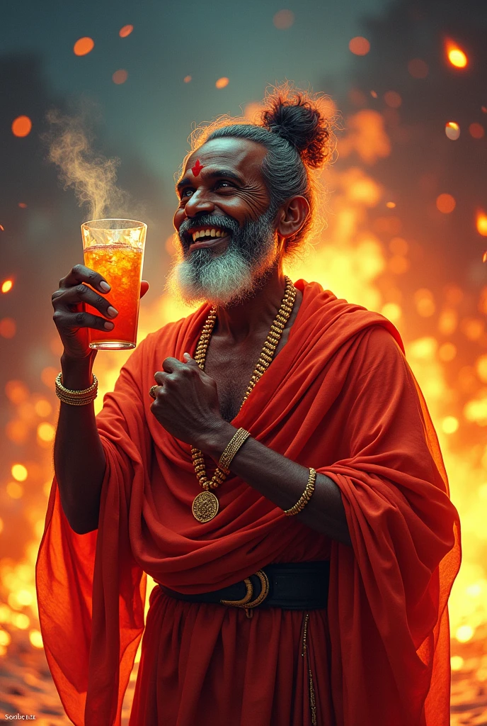 Smiling Maveli with cooling glass in a fire background, at the left side it is written that SRAVAN 2K24.