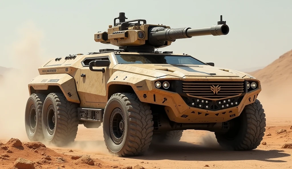 (photorealism:1.2), futuristic military asault veicle 4x4, sci-fi military asault veicle, advanced tech, heavy machine gun in the top, light brown cammo painting,