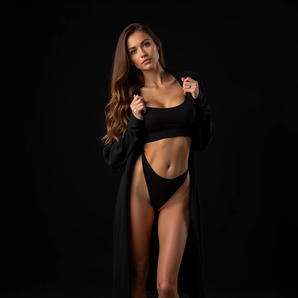 Hot Russian girl with long brown hair wearing a black kimono, standing in a room, arching her back accentuating her beautiful curves and her shiny image spread out over the legs of a white girl with a hot ass and chest, flirtatious smile, Photo studio, Black background