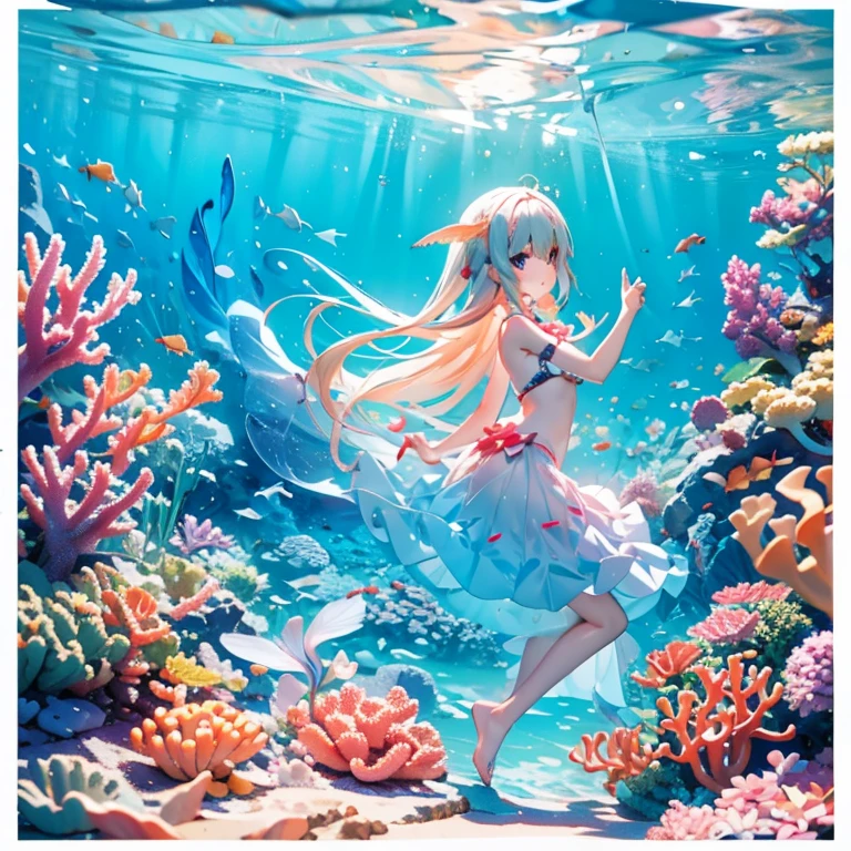 seabed、School of fish、coral、mermaid、Fisheye Lens、beautiful girl、prism、profile