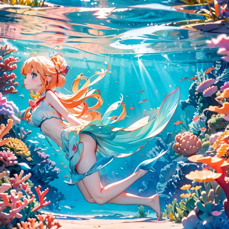 seabed、School of fish、coral、mermaid、Fisheye Lens、beautiful girl、prism、profile