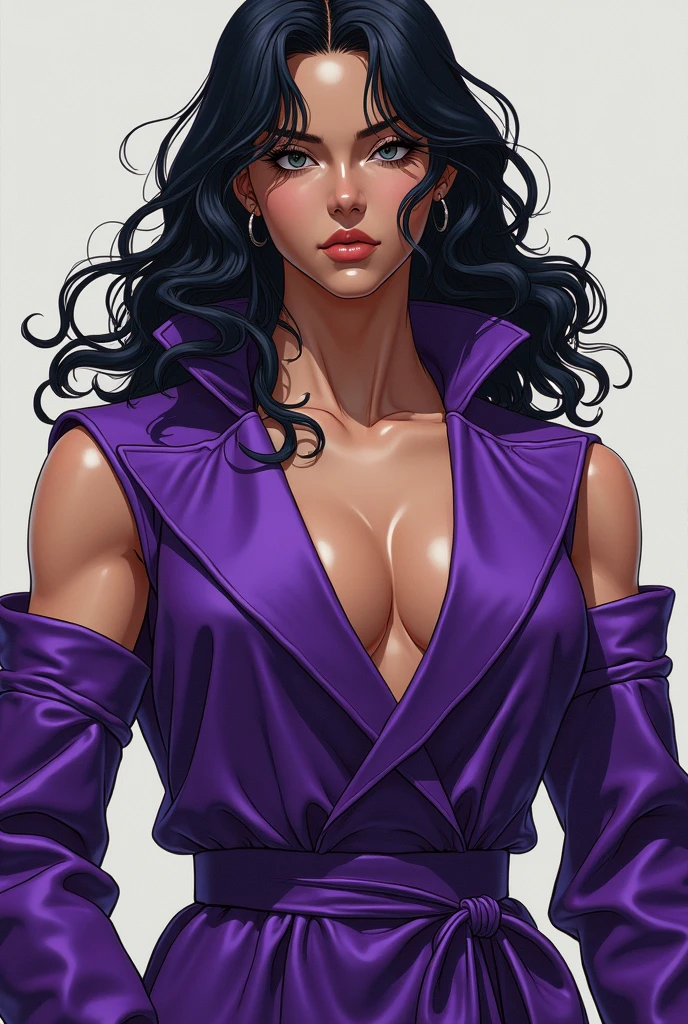 araki hirohiko style, full body, masterpiece, purple, ultra-detailed, gabardina sin mangas