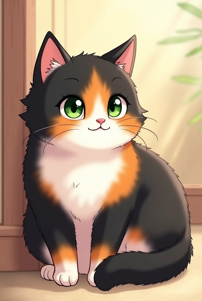 Make a tortoiseshell anime style cat (black color, orange and white), a little chubby and green eyes. That it is female and that it is an adult cat