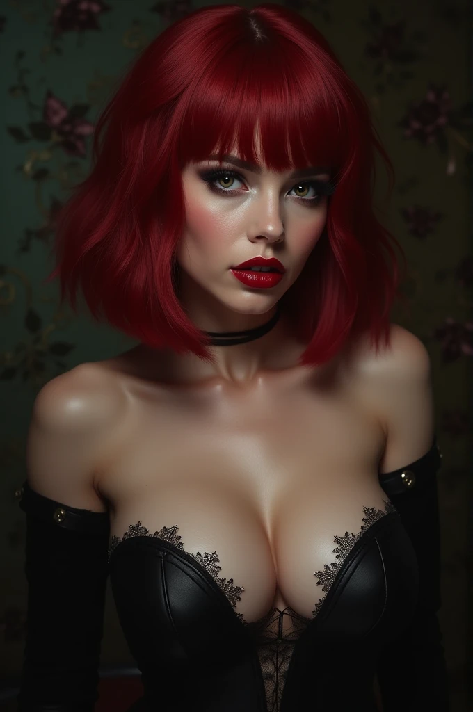 1 girl, perfect lighting, Red hair, Eyes red, engine unreal, side lighting, face detailed, bangss, shining skin, simple background, darkness background, large breasted 