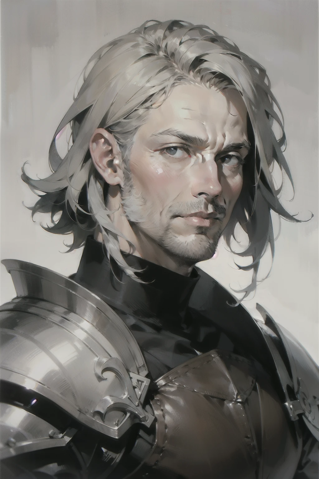 adult man, Shoulder-length gray hair, bristle, leather armor, shoulder length portrait