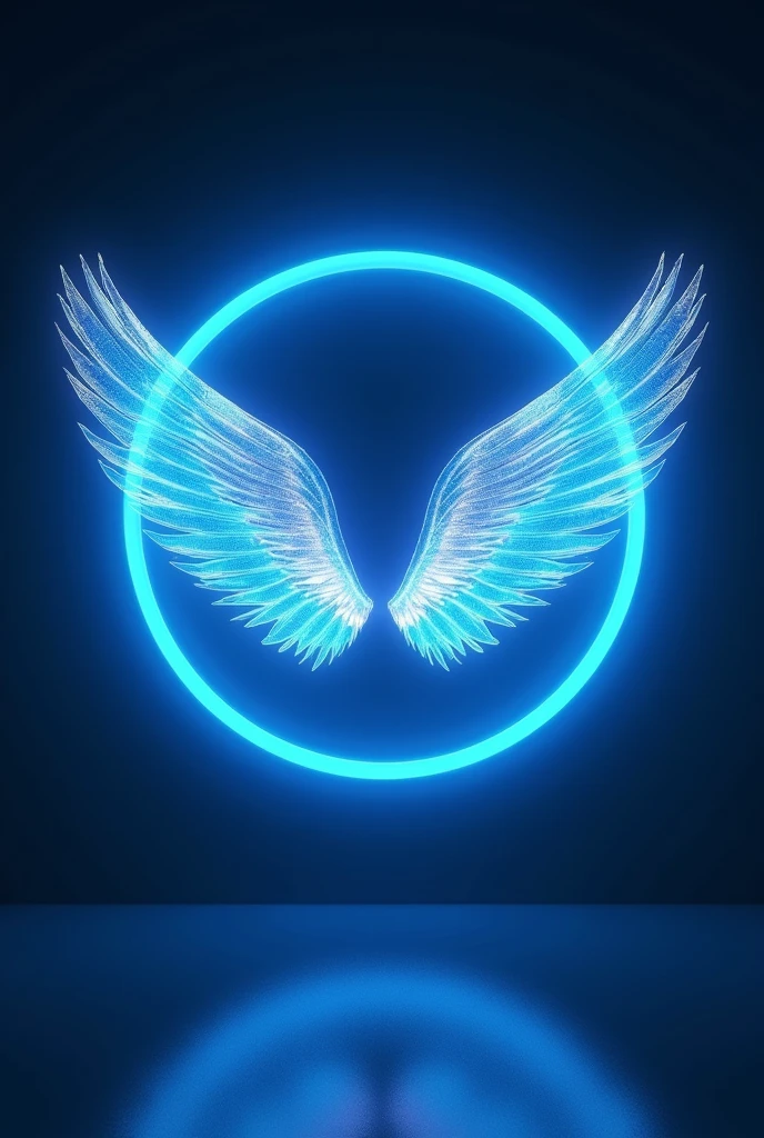 blue neon circle, that has small wings outside the circle in the center ,to add a photo