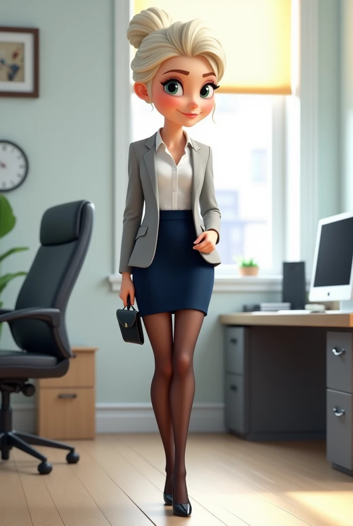 "Create an image of a Pixar-style character inspired by Elsa from Frozen. She has fair skin, platinum blonde hair styled in a neat, professional updo, with a few loose strands framing her face. She is wearing an elegant office outfit, consisting of a tailored white blouse tucked into a short, form-fitting navy skirt that reaches mid-thigh. She has on sheer black tights and black high heels. Her look is completed with a sleek, light-gray blazer. The background should resemble a modern office environment with a minimalist design, featuring a desk, a computer, and some office supplies. Ensure that the image maintains the distinct, expressive facial features and exaggerated proportions typical of Pixar characters, such as large, expressive eyes and a slightly rounded face."