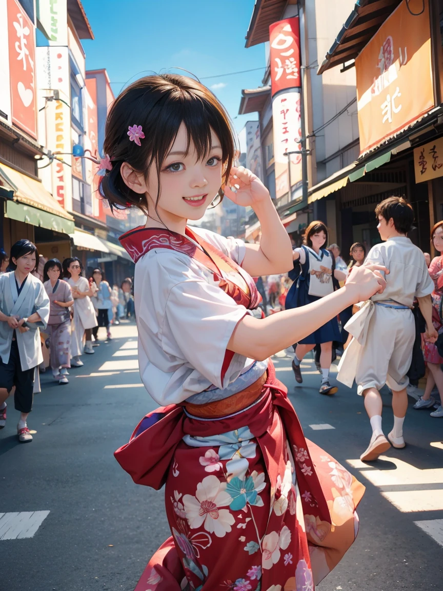 (Japan Bon Odori,最高masterpiece,Highest quality), Hot August,Bright vibrant anime art,People of all ages and genders dance and dance, Dancing in yukata,Dancing with laughter, Men and women, let's dance in a circle, dancing hero,Laugh Laugh,Dance Dance,Dancing in the square,Tokyo Marunouchi Station Square,masterpiece,Highest quality,High resolution,