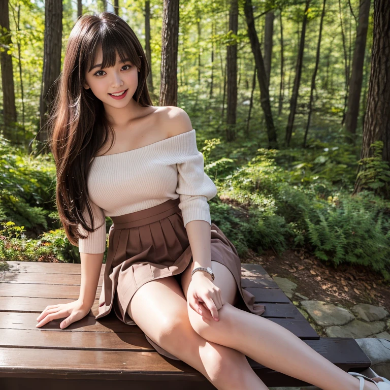 long skirt,skirt,Wearing a pink pleated skirt, Wear black stockings,(knee shot), 1 female, On the face, laughing out loud, light brown hair, blunt bangs, hair behind ears, Shoulder length hair, long hair, Slender body type, 超face slimming型, face slimming, delicate lips, beautiful eyes, Thin blush, Eyes are light brown,Check it out here, (actual:1.3), Coniferous forest, One person's perspective, 8k, on the table, , Super detailed, high quality, best quality, High resolution, ,Large Breasts,H Cup, Off-shoulder tops,