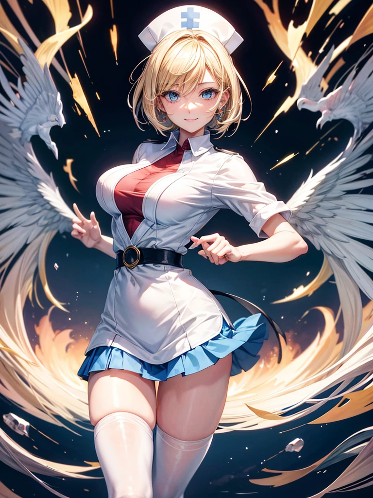 Anime style, super fine illustration, highly detailed, beautiful detailed, perfect detailed, super high quality image, static representation, gentle expression, happy expression, the pretty image, 8k, pretty 1girl with blonde straight short hair & blue eyes & a bright smile & full bust & soft fair skin is a female nurse not to show her skin wearing white uniform & black pantyhose in the hospital, solo, perfect fingers, no more fingers, no less fingers, perfect arms, no more arms, perfect legs, no more legs, no more hair, masterpiece.