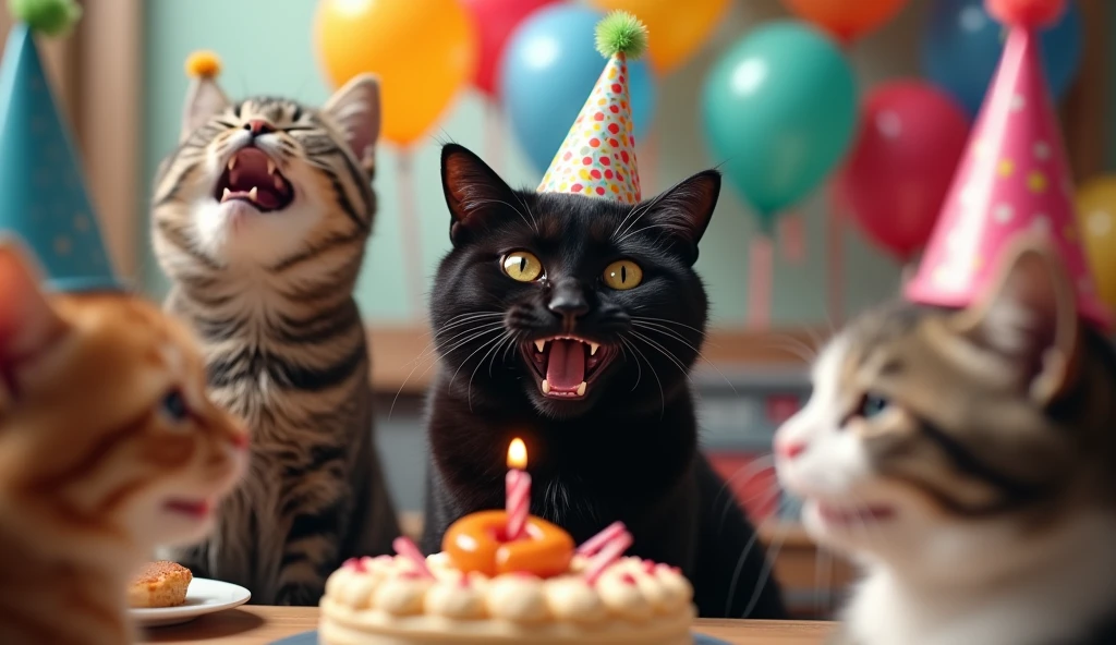 photographic style, Excited black cat on his birthday with a birthday hat on his head and surrounded by more cats celebrating with birthday balloons around them and a cake in the center in front of the black cat
