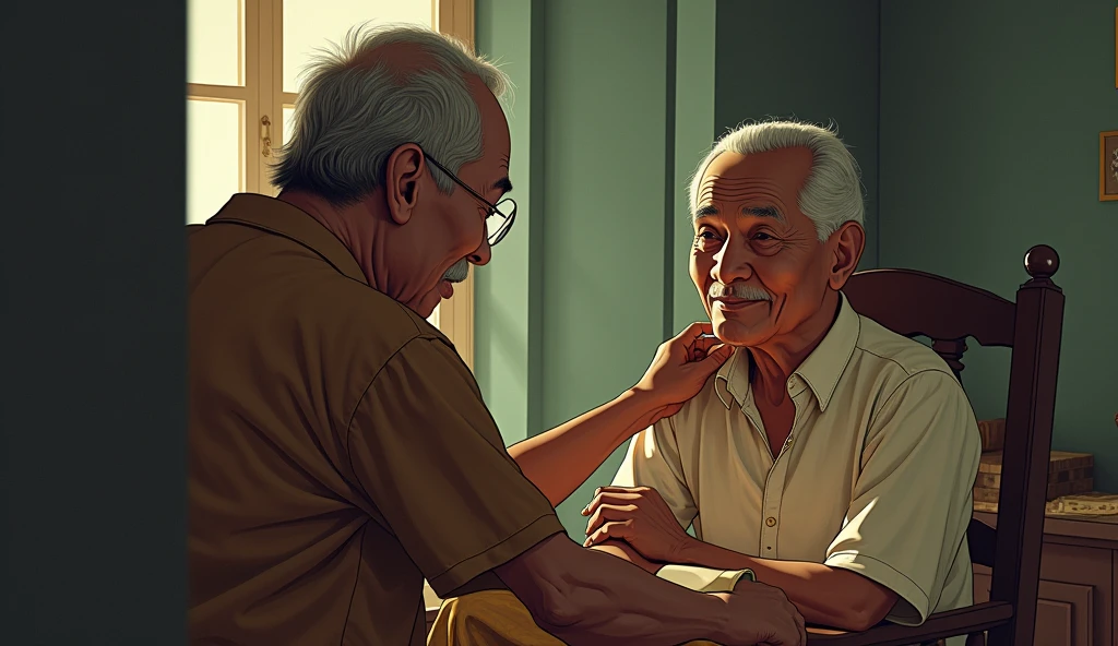Rumah Grandpa - Siang (End of story)
1. Or:
- Appearance: Her face looked calmer and more reflective after the stressful night's experience.. An expression of gratitude and relief.
- Clothing: Looking neater since he's back home. Maybe wear a jacket or more comfortable clothing indoors.
2. Grandpa:
- Appearance: Just like at the beginning of the story. Wajahnya penuh dengan expression of understanding and satisfaction.
- Clothing: The same traditional Javanese clothing as before.
(Character Action :
- Or: sit on the chair, reflective and relieved expression after a stressful experience.
- Grandpa: Menepuk bahu Or, expression of understanding and satisfaction.)
Kisah ini menjadi pelajaran bagi Or, that not everything in this world can be explained by human logic. Sometimes, there is an invisible power, who take care of certain places. and *The Supernatural Guardian of the Silent Tomb* is one of them