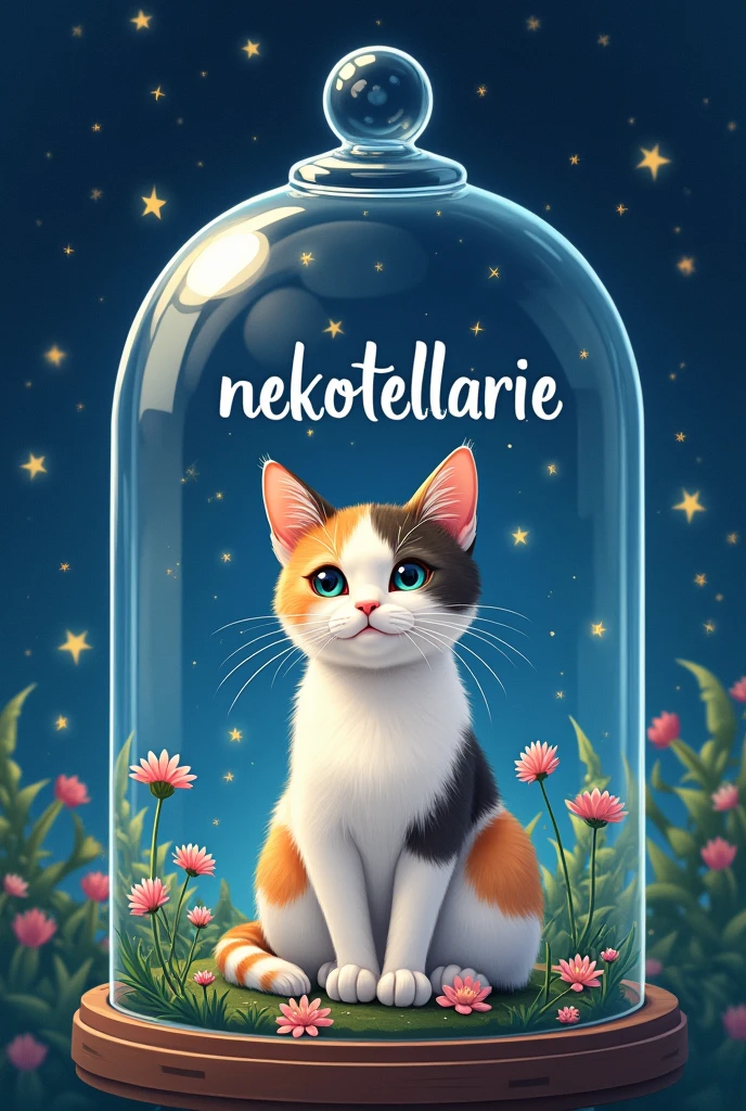 A cat sits in a terrarium。The cat is a light-colored calico cat.。The background of the terrarium should be a starry sky.。Also、Please write the word Nekotellarie on the terrarium.