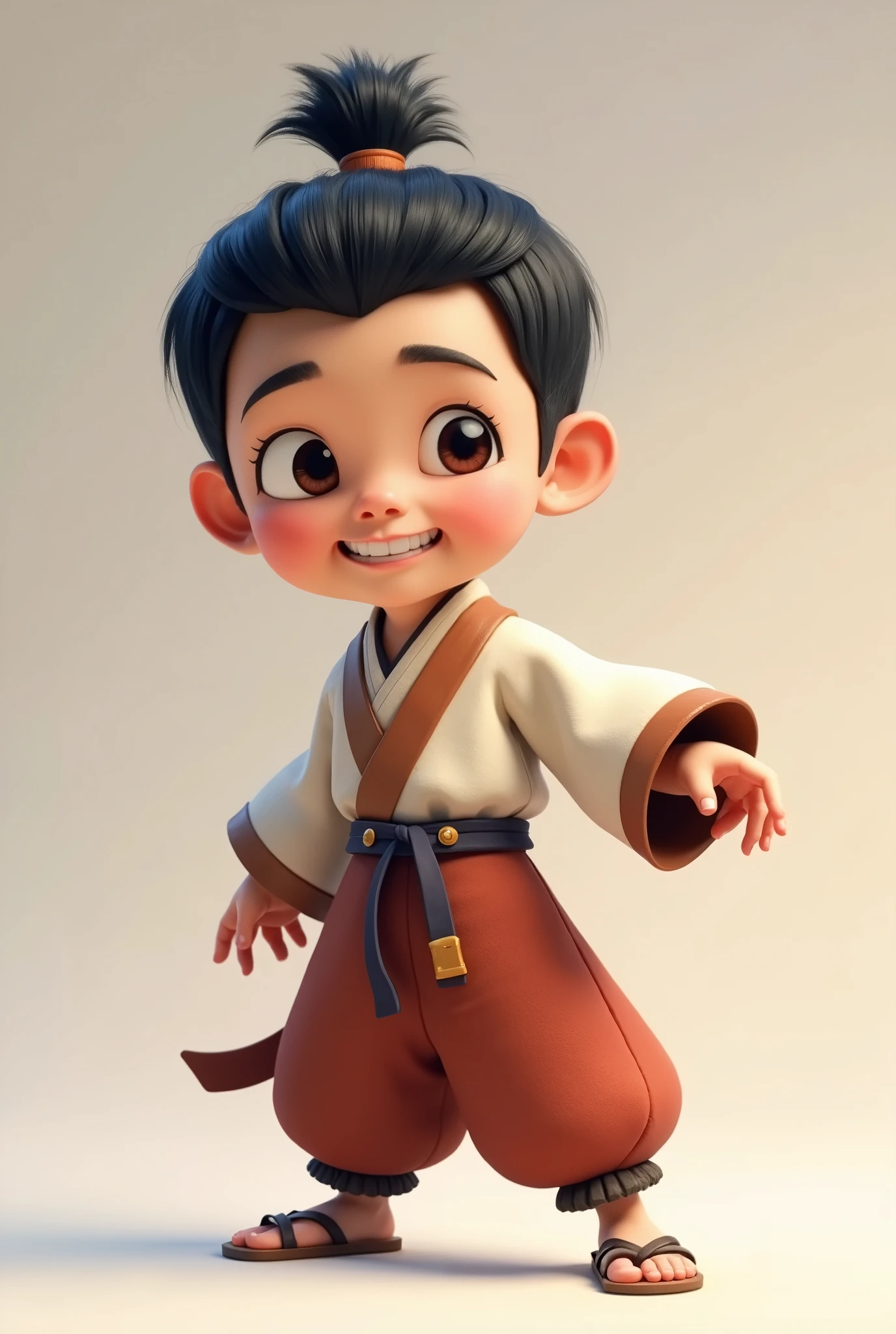 시드번호 34679567를 기반으로 한 고퀄리티의 픽사 스타일 character design 의 전면과 후면뷰의 2분활 이미지 로 생성해줘. The character trait is that of a Korean boy warrior., He has black hair and a topknot., He has a playful and lively impression., The clothes are Hanbok, a traditional Korean costume., The lower garment is also a pair of pants in the Hanbok style, not the Japanese style.,The style of Hanbok is not too flashy and is rather plain., 그리고 이미지의 포즈는 T pose로 해줘, T pose, character design, 전신 character design, character design 도안스타일