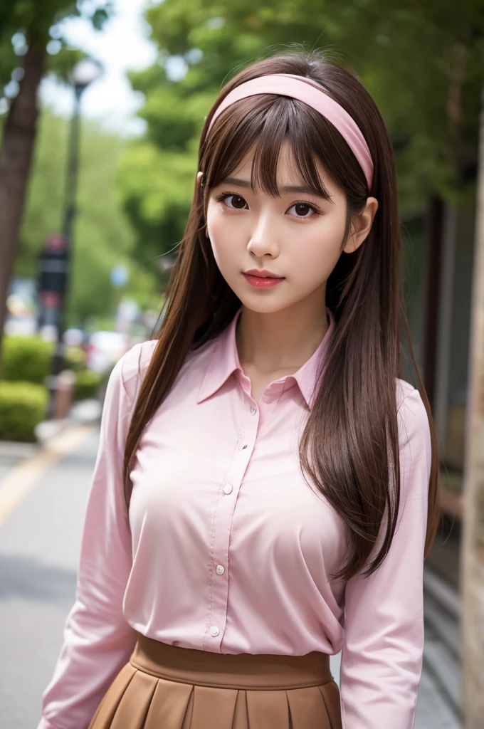 best quality, 8k, very delicate and beautiful, highly detailed face and skin texture, shiny skin, high resolution, beautiful brown long hair japanese woman with headband in pink shirt and black skirt walking on street, sharp focus