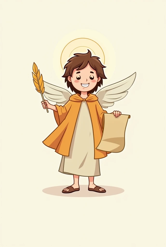 St. John the Apostle, simple cartoon in child mode, In his hand he holds a scroll and an animal feather