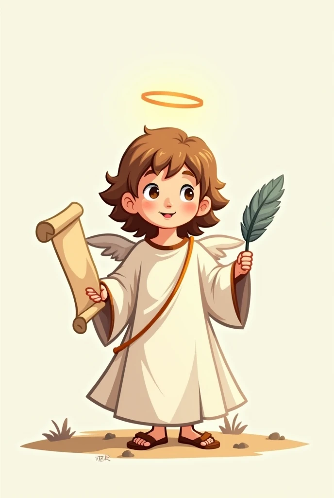 St. John the Apostle, simple cartoon in child mode, In his hand he holds a scroll and an animal feather