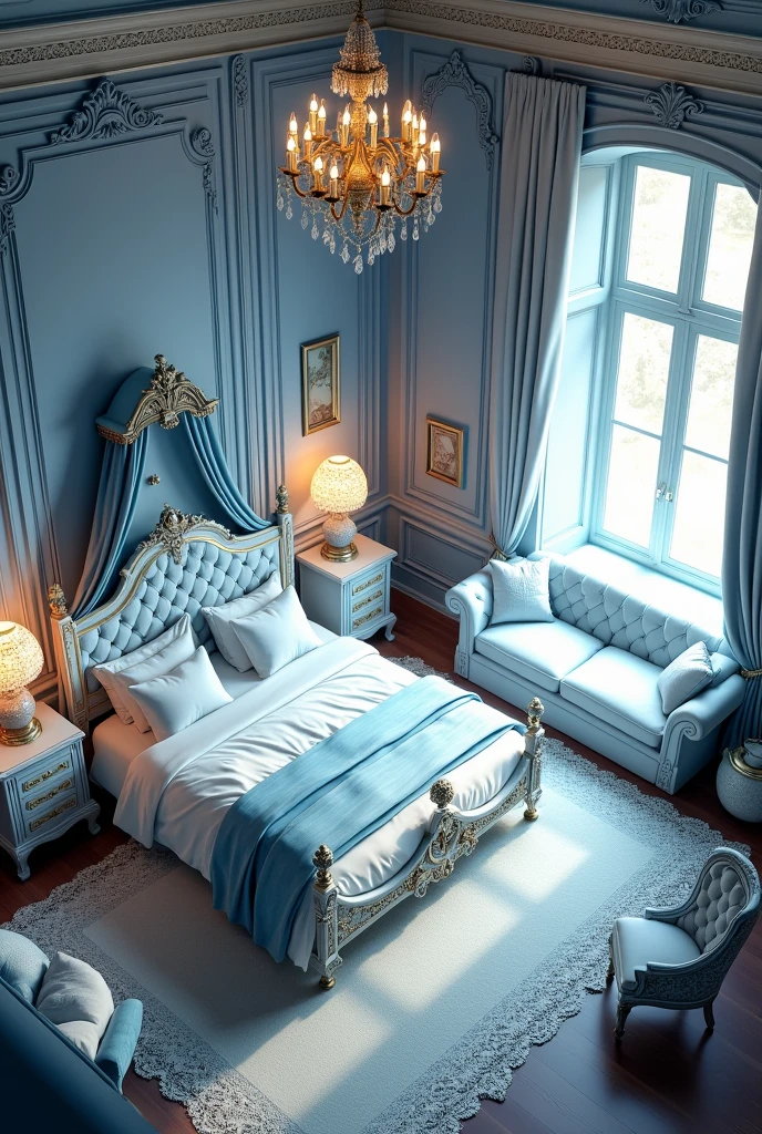 A large and magnificent bedroom in a house in European style with white and blue as the main colors., still in the picture but from top to bottom perspective