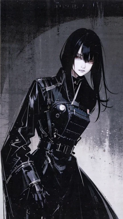 Black Hair、Cold look:1.5、Japanese woman in her 30s、Dark Background、One Cool Lady:1.5、night、whole photo、Dark Eyes、Black gloves、Ominous Machine Lifeform、Nihil、Half of his body is made of machinery、Mechanical Man:1.5、Modern clothing:、Creepy、Scary atmosphere