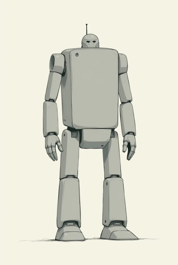 SIMPLE 2D sketch of a single-line robot facing forward with the following description: Metallic grey color, tall height, thick build, Wide but simple ends