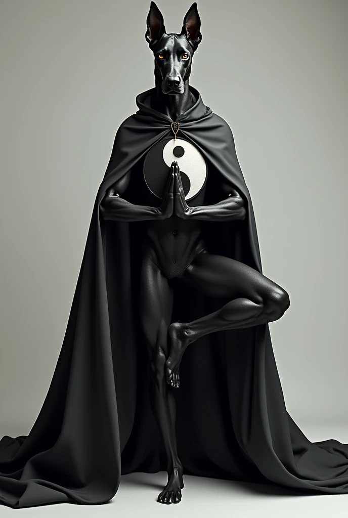 A black great dane. Wearing a black cloak with yin-yang symbol. Doing a tree pose.