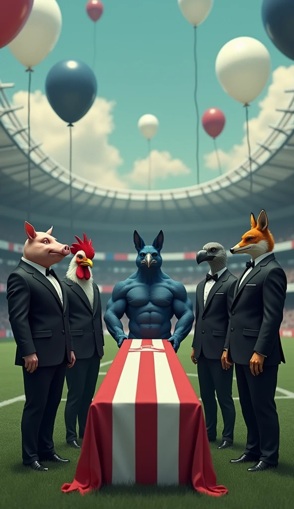 A muscular pig, puffed out chest, wearing a black suit, inside a soccer stadium, next to a muscular rooster bird, wearing a black suit, next to a blue male fox, with a muscular puffed out chest, wearing a black suit, next to a muscular vulture, with a puffed out chest, wearing a black suit, everyone is sad seeing a coffin with a flag over it in the colors blue, white, red, black balloons flying in the wind