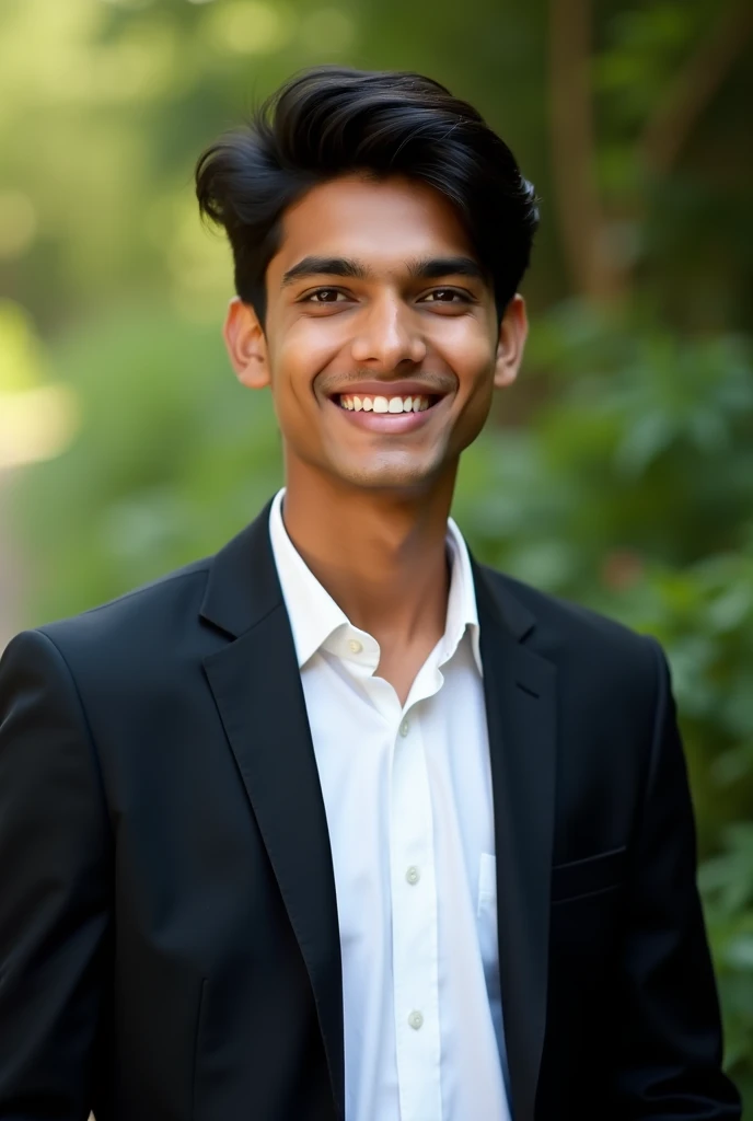 A young indian student with dark hair and a confident smile. He is dressed in a black blazer over a white shirt. The boy is positioned soft colour with blurred natural background and he is posing for LinkedIn profile