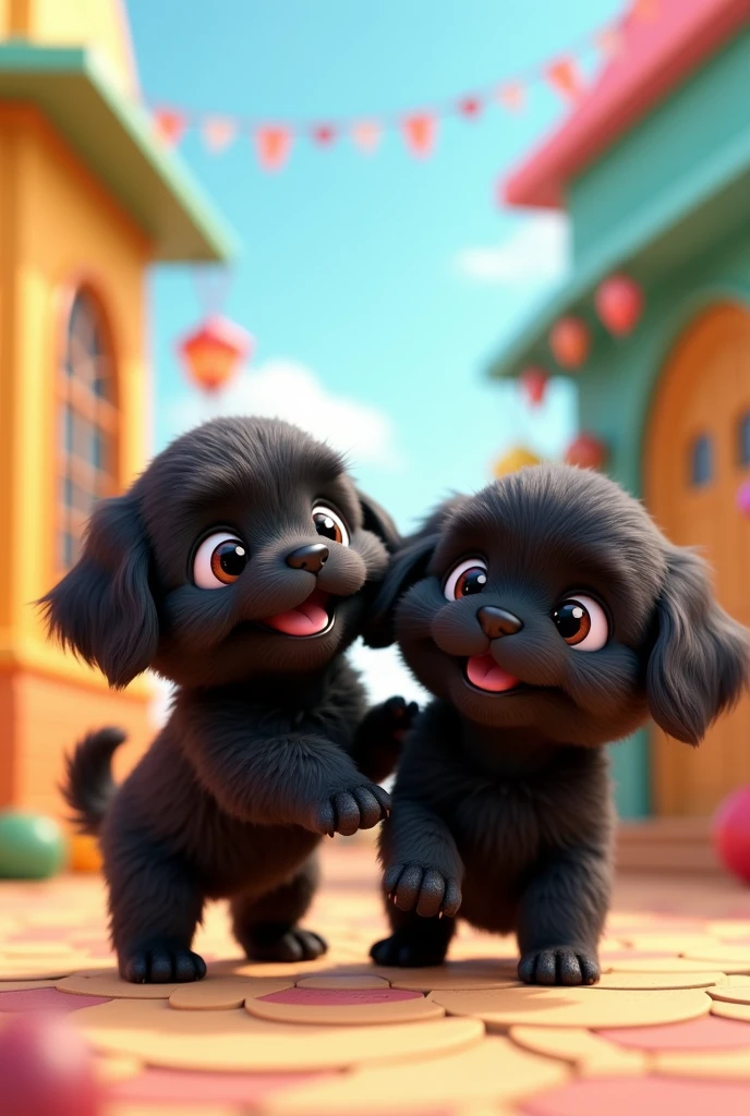 Create an easy art image that represents joy, 2 adorable black shih tzu puppies 3D Pixar style
