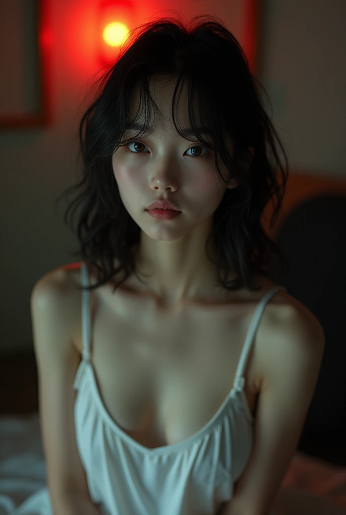 Beautiful Japanese girl、 analog film photo, (Create a realistic and photorealistic photo image)、whole body、White tank top、Dimly lit place、Red light、Sitting、blur, tint, depth,