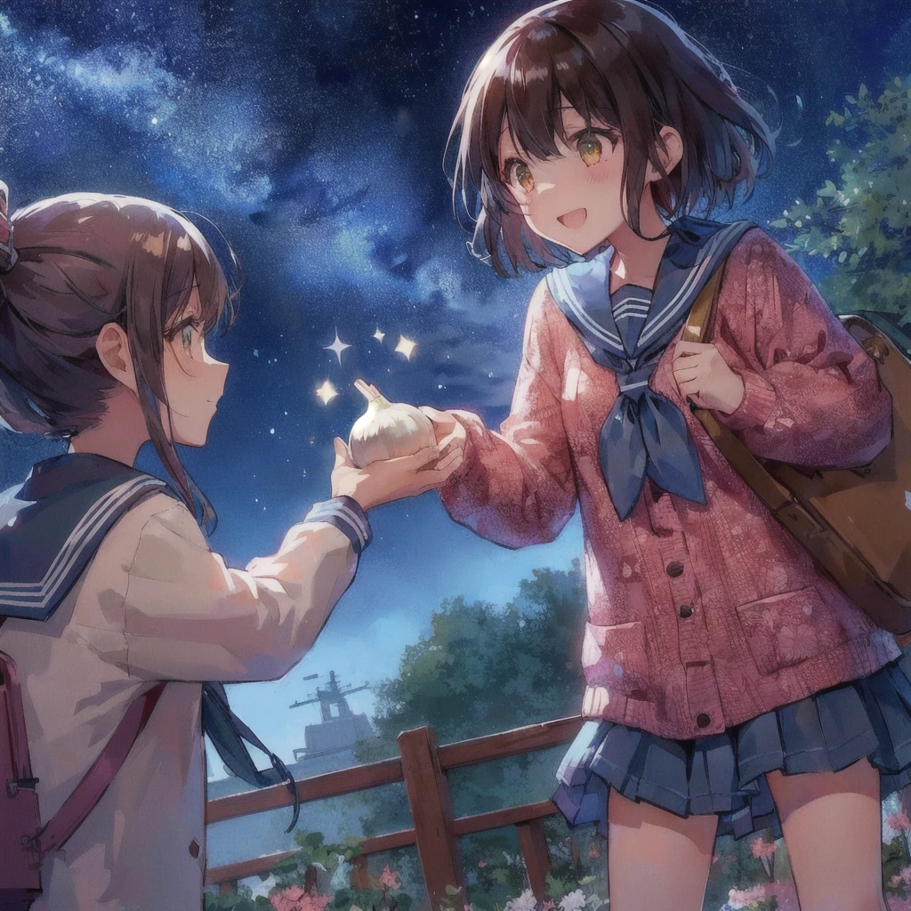 With anime girl holding garlic、Girl with bag, smile, Kantai Collection Style, Smooth anime CG art, konpeki no kantai, Official artwork, Splash art anime , high detailed Official artwork, Kantai Collection, Two beautiful anime girls, 80s anime style, Yoshitomo Nara and Aya Takano, Anime Moe Art Style, Anime Style 4k