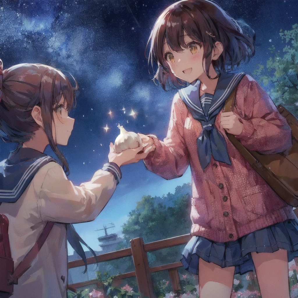 With anime girl holding garlic、Girl with bag, smile, Kantai Collection Style, Smooth anime CG art, konpeki no kantai, Official artwork, Splash art anime , high detailed Official artwork, Kantai Collection, Two beautiful anime girls, 80s anime style, Yoshitomo Nara and Aya Takano, Anime Moe Art Style, Anime Style 4k