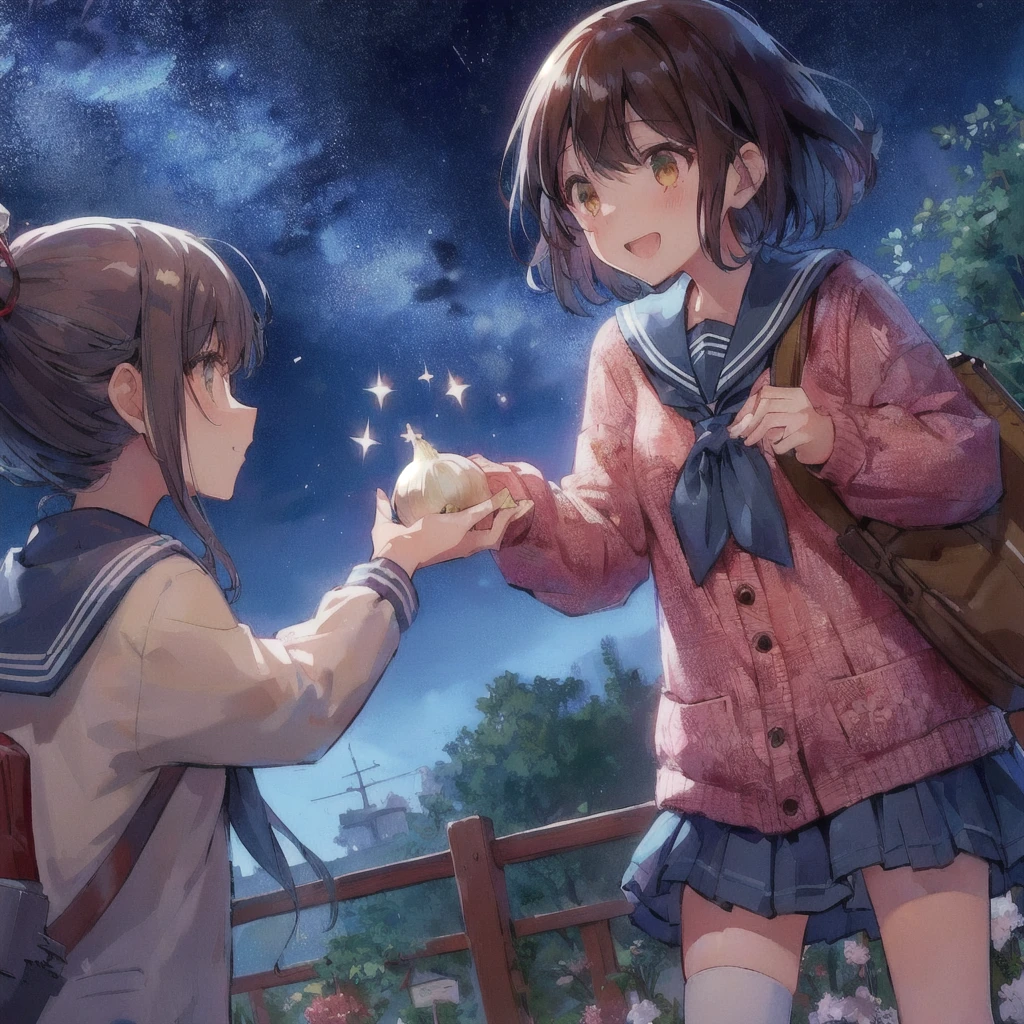 With anime girl holding garlic、Girl with bag, smile, Kantai Collection Style, Smooth anime CG art, konpeki no kantai, Official artwork, Splash art anime , high detailed Official artwork, Kantai Collection, Two beautiful anime girls, 80s anime style, Yoshitomo Nara and Aya Takano, Anime Moe Art Style, Anime Style 4k