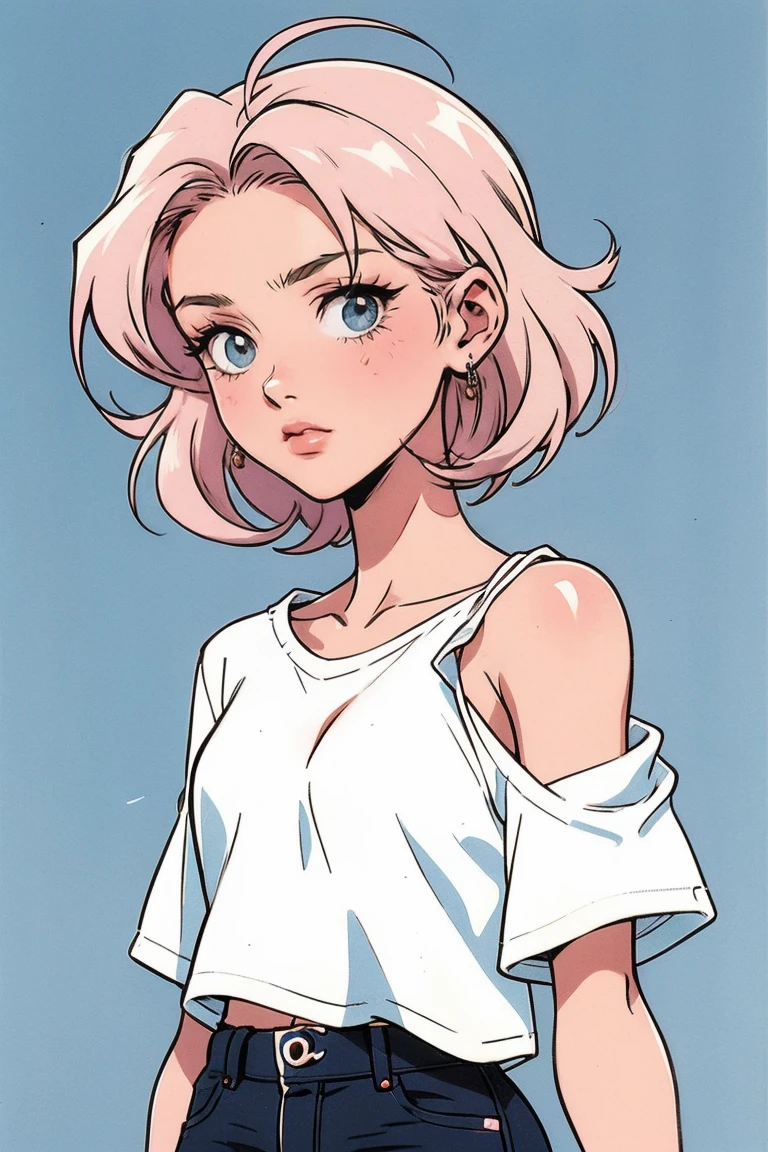 Anime Girls, 90s Anime, Vintage classic anime aesthetic, Loose T-shirt, White shirt, Shoulder Bare, Chanel's Black Hair, Cleavage, profile