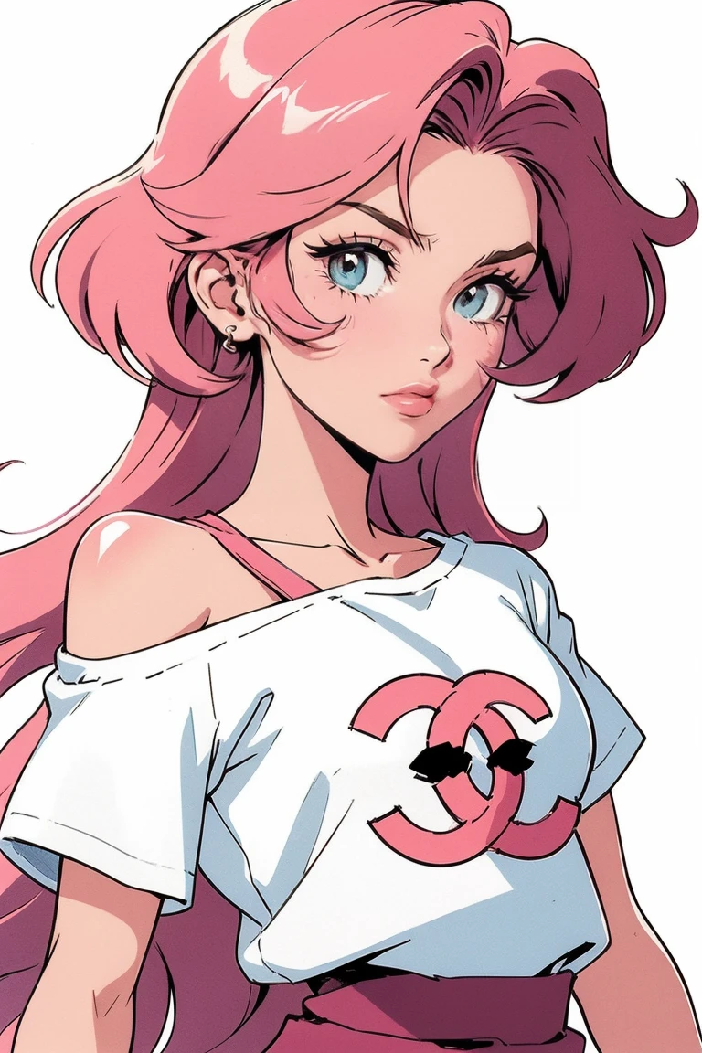 Anime Girls, 90s Anime, Vintage classic anime aesthetic, Loose T-shirt, White shirt, Shoulder Bare, Chanel's Black Hair, Cleavage, profile