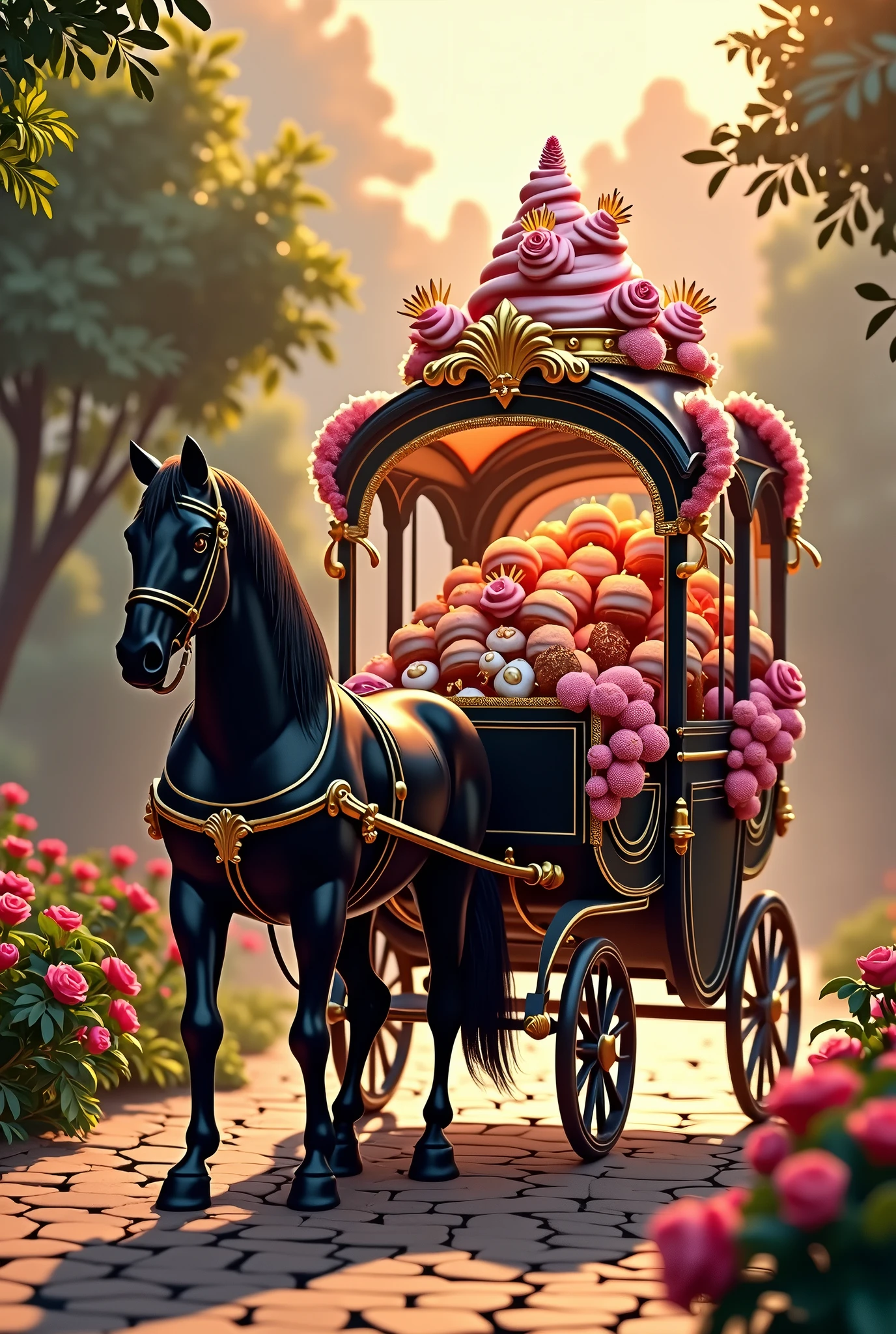 Black purebred horse carriage filled with sweets and ice cream