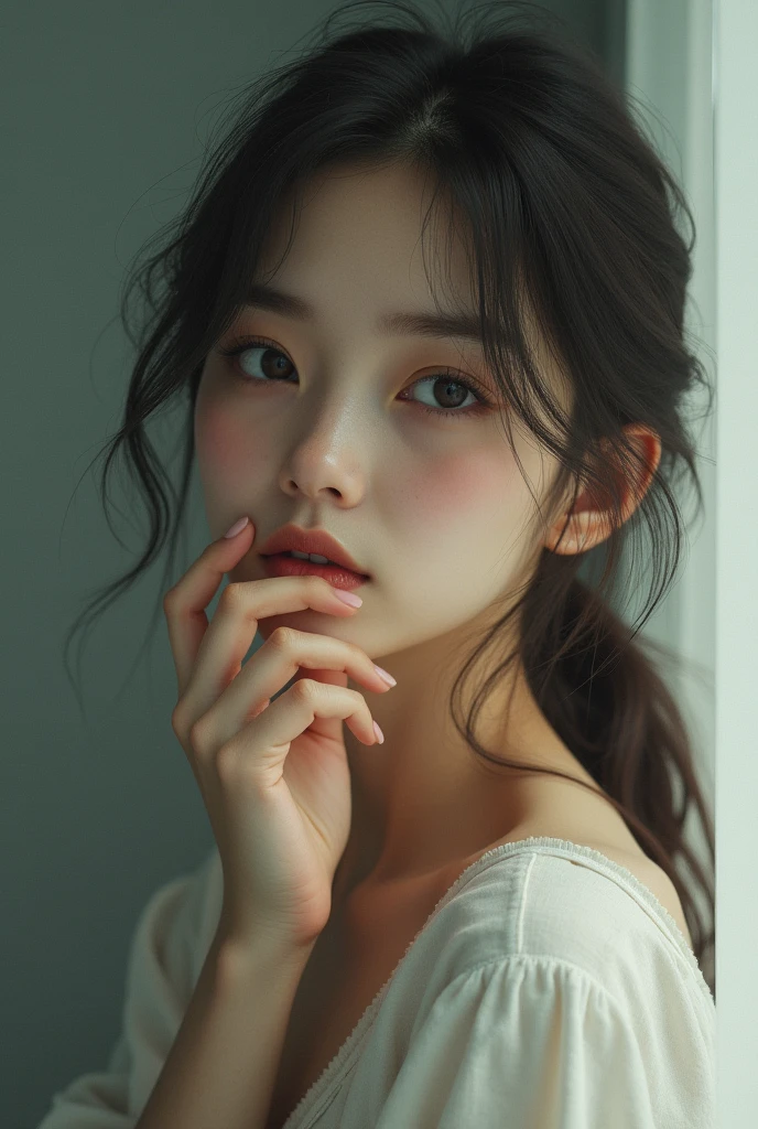 Girl looking far away with Her hand In the face to focus