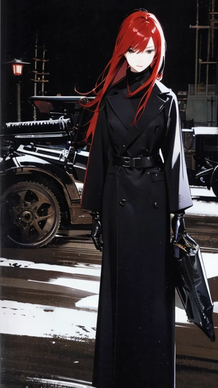 Red hair、Cold look:1.5、Japanese woman in her 30s、Dark Background、One Cool Lady:1.5、night、whole photo、Dark Eyes、Black gloves、Ominous Machine Lifeform、Nihil、Half of his body is made of machinery、Mechanical Man:1.5、Modern clothing