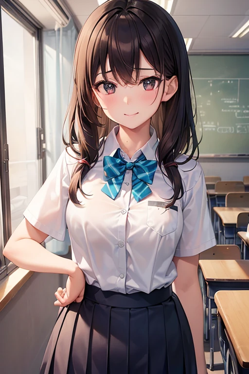 2 woman, ((In the classroom)), ((school uniform)), RAW Photos, (photoRealistic: 1.37, Realistic), Highly detailed synthetic CG 8K wallpaper, One girl, (((Perfect body: 1.1)), (Medium chest: 1.2), Looking at the audience, (((Straight from the front)))), (high qualityスキン:1.2, Glowing Skin), 8K Ultra HD, Digital SLR, Soft lighting, high quality, Film Grain, Fujifilm XT3, ((whole body: 0.8)), (Professional Lighting:1.4) ,smile,