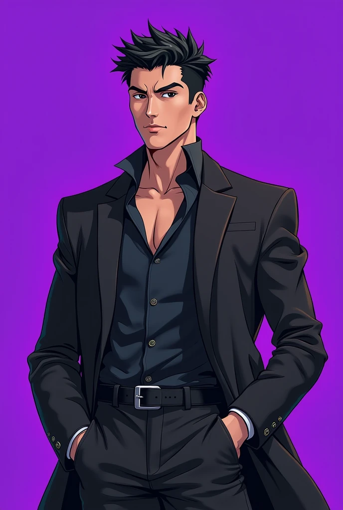 araki hirohiko style, cuerpo completo, masterpiece, purple, ultra-detailed, gabardina sin mangas, hombre,