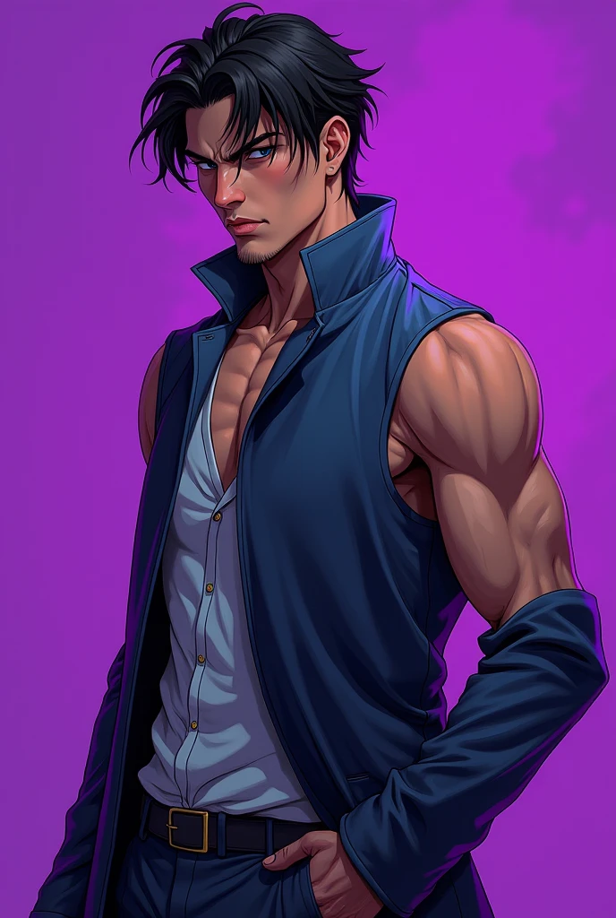 araki hirohiko style, cuerpo completo, masterpiece, purple, ultra-detailed, gabardina sin mangas, hombre,