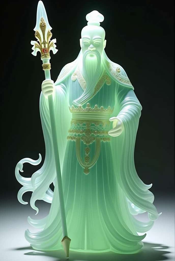 A very delicate full-body image of the God Guan Yu. In his left hand he holds a halberd. Made of light green translucent glass, decorated with small gold and red. Beautiful and exquisite details, shimmering light. The best quality glass art.
