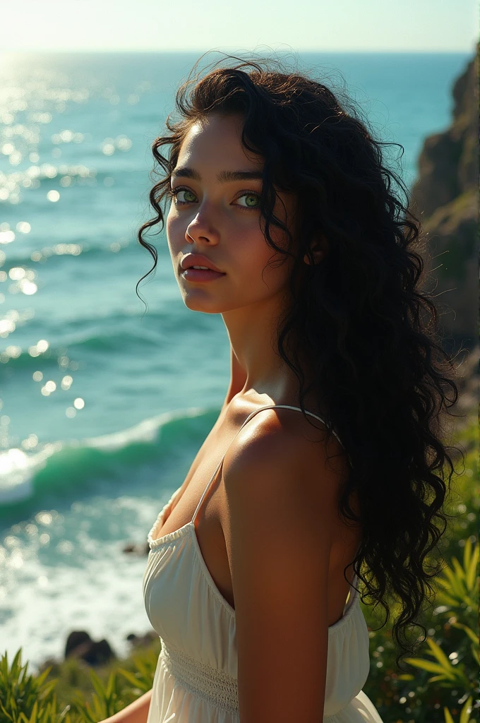 A Brazilian woman with long curly black hair and green eyes looking at the sea
