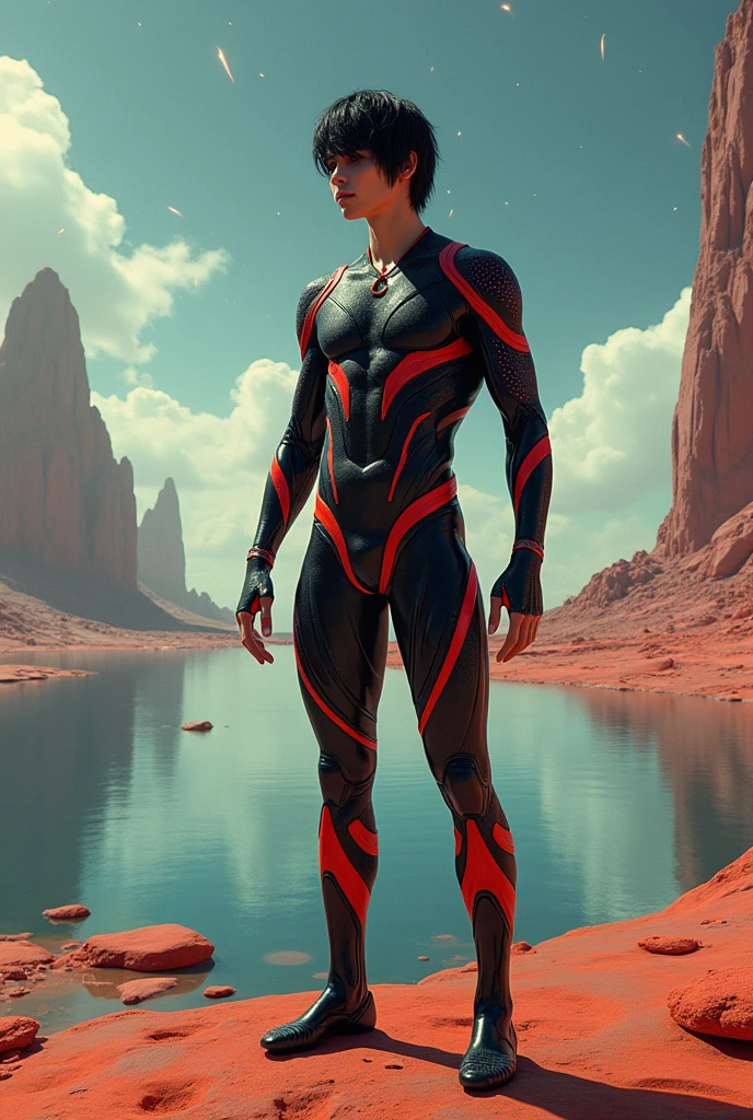 1boy, male body, long shot, full body angle, arms detail, body detail, legs detail, face detail, feets detail, hands detail, slender body, youthful face, shaggy shoulder-length hair, dark ash hair, wearing a skin-tight alien costume shirtless, short tights, in black red and silver details, boots, meteor shower in the sky, immense and grand alien cyber planet, clear lake red stones on the ground, daylight in the background, floor detail, standing, dynamic divine pose, divine work of art, surreal fantastic aesthetics, dramatic lighting, full body, body hairless, dominating, white or white skin, gighly light, highly detailed, looking at the audience, photography, detailed skin, real person, crazy detail, hype maximization, lighting complex detail , Highly detailed, Digital painting, artstation, concept art, smooth, sharp focus, illustration, Unreal Engine 5, art by Ross Tran and Greg Rutkowski and Alphonse Mucha, Show men only .8k Ultra HD, dslr, dim lighting, high quality, film grain, Fujifilm XT3, 2-person, two-person model. hype surrealism, hype surrealism, by Shen Quan, Skin detailed), Real people, Reality, realistic optics, crazy details, Face model details, Maximum magnification, Exaggerated SurReality, quite, Light and intricate details, High detail, high detail, digital painting, art station, concept art, soft focus , pointy, illustration, unreal engine 5, 8k, art by Ross Tran and Greg Rutkowski and Alphonse Mucha, ultra HD, 8k, male only screen .8k Ultra HD, dslr, low light, high quality, Fujifilm XT3, male fan, model of 2 people, two people, 8k hd, handsome and cute , white skin , handsome model , white ski, beautiful young male model, an attractive man 18-2 aesthetic, Sunshine sports student, whether cape or cloaks, bulgej8, slender body, soft youthful face, handsome boy, 1boy, boy,